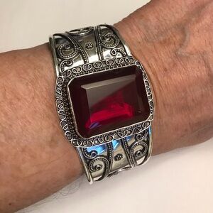 Garnet Stamped 925 Sterling Silver Cuff Bracelet